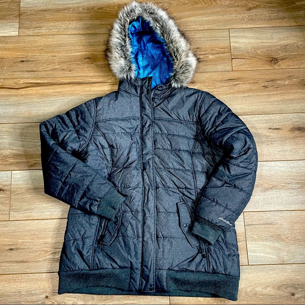 Eddie Bauer Heavy Jacket 1X fur lined hoodie black Gray